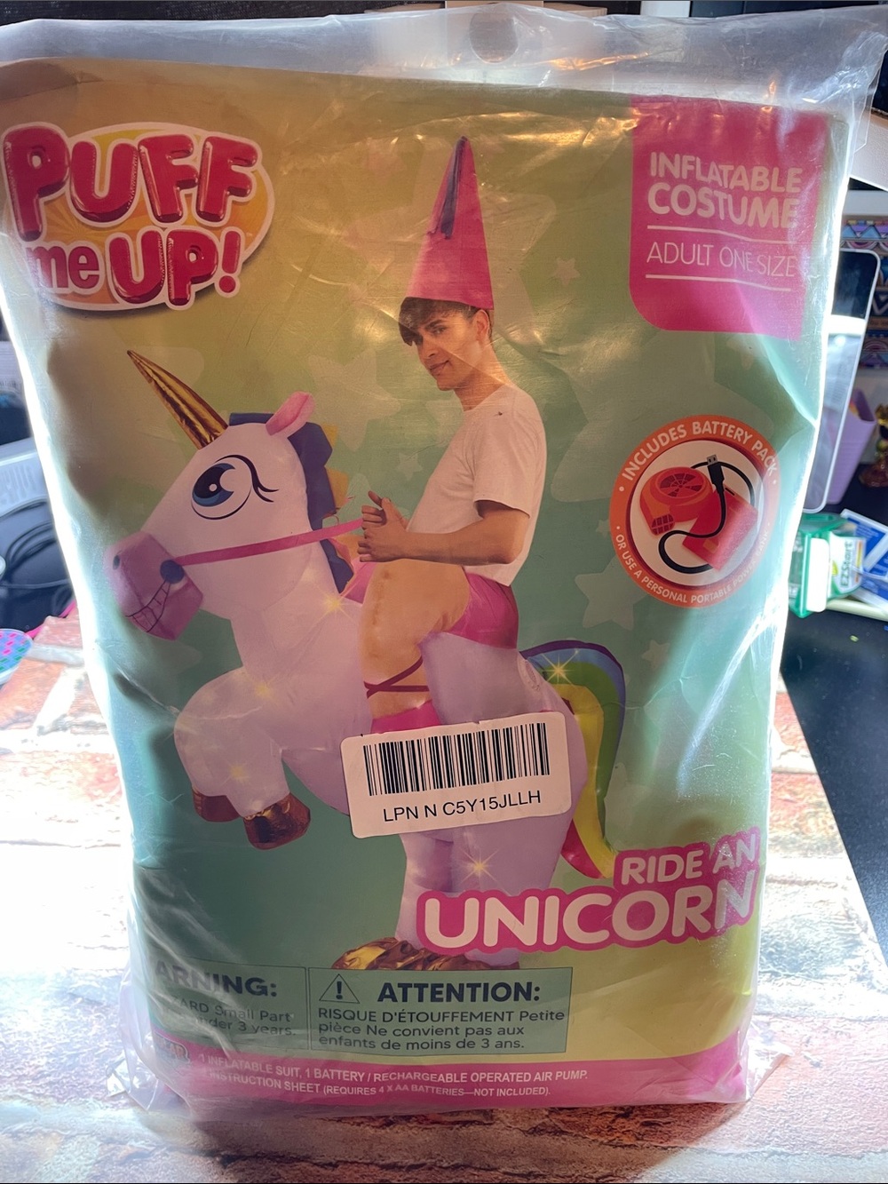 Puff Me Up Inflatable Ride-On Unicorn Costume - Pink & White